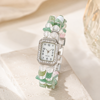 Montre-bracelet vintage en argent avec pierres vertes et perles, cadran rectangulaire en quartz et strass pour femme, bijoux, OEM ODM