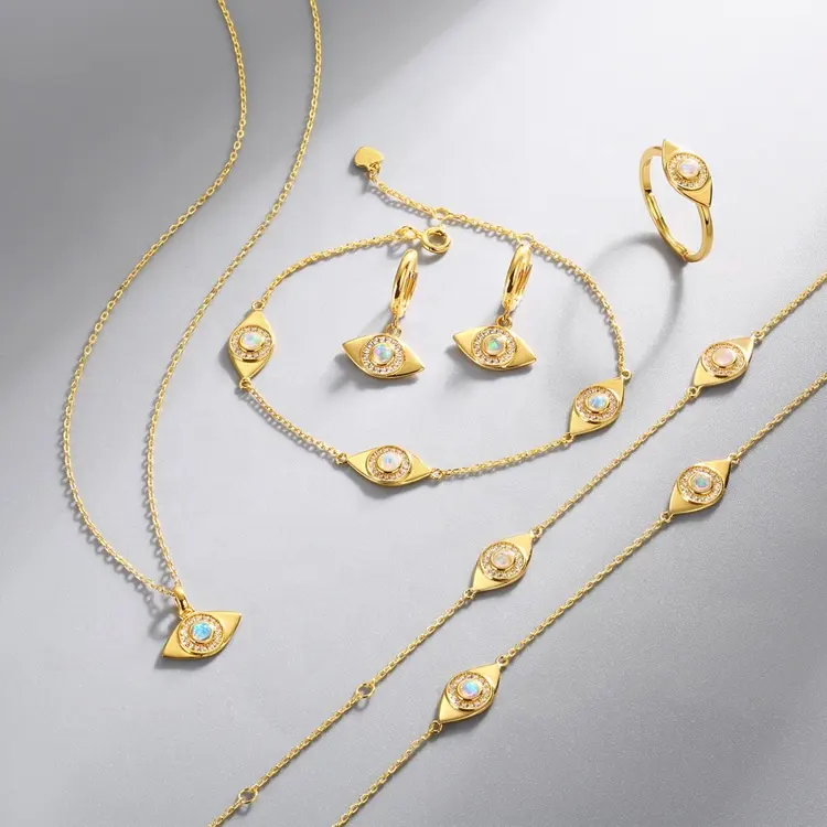 Grosir Kustom Perhiasan Turki Halus Wanita Lapis Emas 925 Perak Murni Opal Sintetis Gelang Mata Keberuntungan