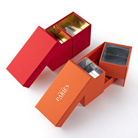 Boîte cadeau rigide de luxe en papier orange, design à double tiroir, doublure intérieure argentée, emballage pour chocolat, logo personnalisé en relief, recyclable