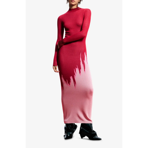<span class=keywords><strong>Robe</strong></span> <span class=keywords><strong>longue</strong></span> maxi côtelée en maille dégradé rouge rose pour femme, col roulé, manches longues, style pull moulant - Product Image 1