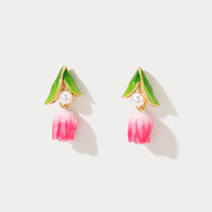 <span class=keywords><strong>Orecchini</strong></span> da Donna Placcati Oro con Smalto a Rosa e <span class=keywords><strong>Tulipano</strong></span>, Stile Vintage, in Rame con Zirconi, Motivo Geometrico Floreale - Commercio all'Ingrosso di Moda - Product Image 1