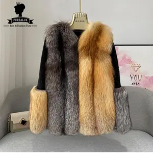 Natural Red Fox Fur Women's Coat 65cm Length Mink Cuffs Real Fur Clothing Winter Luxury Warm Whole Skin Outerwear High Quality