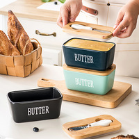 Beurrier en céramique de 500 ml pour la cuisine, ensemble de récipients rectangulaires pour le stockage du beurre avec couteau et couvercle en bambou.