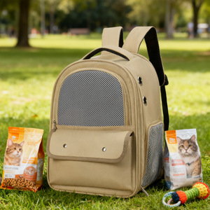 Portable Cat <b>Backpack</b> <b>Khaki</b> 7 Inch Breathable Oxford Pet Travel Bag for Outdoor Use - Product Image 1