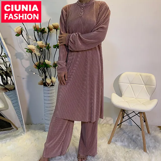 6331# New Pleated Islamic Muslim long tunic tops & Pant for Women Malaysia abayas in Dubai Turkish ladies clothing