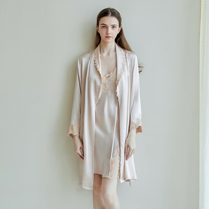 Conjuntos de Bata de seda 100% de lujo de calidad, nueva ropa de dormir bordada transpirable hasta la rodilla, camisón de seda elegante para mujer para verano - Product Image 1