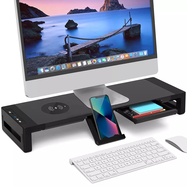 Double Fans Desk Organizer with USB 3.0 Data Transmission and Wireless Charging for PC Monitor Riser Stand