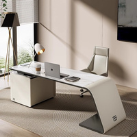 Bureau d'angle convertible moderne blanc en forme de L avec tiroirs, table d'ordinateur exécutive en acier inoxydable pour le télétravail