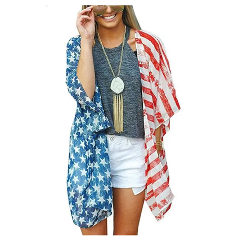 Cardigan de plage avec drapeau américain, vêtement à rayures pour femmes, Cover-Up, Kimono ample, été, 4 juillet