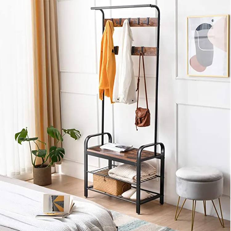 Hallway Wood Entry Clothes Hanger Home Metal Frame Home Office Furniture Wooden Coat Hanger Rack Stand with Shoe Bench