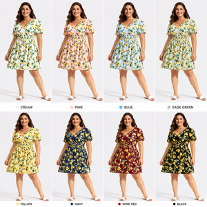 Robe d'été décontractée à imprimé citron, manches bouffantes, col en V, tailles 1XL-5XL, vente en gros - Product Image 2