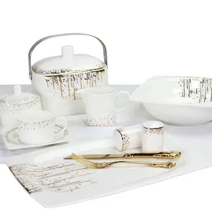 square shape plate bowl toothpick holder platinum design 62pcs dinner set fine bone china