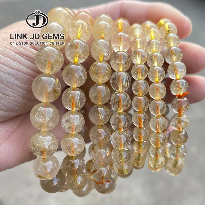 JD Gelang Manik-manik Kristal Batu Mulia Alami Mewah 2A Gelang Kuarsa Rutilasi Emas Alami untuk Pria Wanita Gelang