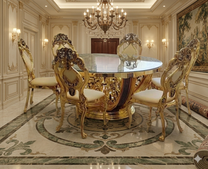 Premium Antique Teakwood Gold Round Dining <b>Table</b> Set Royal Style 6 Seater Luxury Dining Furniture - Product Image 3