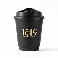 4oz 8oz 12oz Gelas Kertas Kopi Panas Sekali Pakai Dinding Ganda dengan Stamping Foil Emas Logo Kustom Hitam Pekat dengan Tutup PS