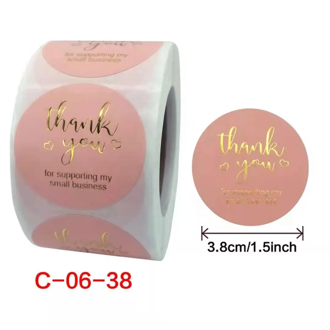 1.5Inch 500Pcs/Roll Lijm Business Order Hand Made Labels Bruiloft Envelop Goudfolie Roze Dank U stickers