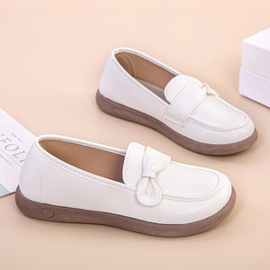 White <b>Leather</b> Loafers Women Slip On Flats Bow Detail Casual Office Shoes - Product Image 5