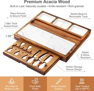 Planche à découper et plateau de service en bois d'acacia et marbre, plateau à charcuterie et à fromage avec tiroir caché, fourchettes, couteaux, bol <span class=keywords><strong>pour</strong></span> pique-nique, cadeau - Product Image 5