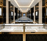 Ensemble de vitrines de luxe noires et dorées pour bijoux et montres, design intérieur haut de gamme personnalisé pour boutique de montres avec vitrines en verre