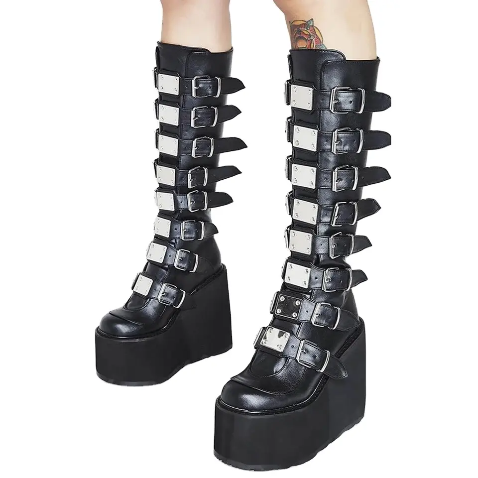 Personalizar plataforma punta redonda Zip Punk Goth media pantorrilla combate rodilla 11cm botas altas para mujer motocicleta zapatos de gran tamaño