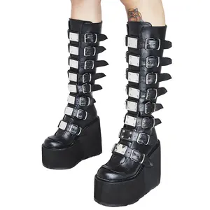 Plateforme personnalisée à bout rond et fermeture éclair, bottes punk goth mi-mollet de combat, bottes hautes de 11cm pour femmes, chaussures de moto de grande taille