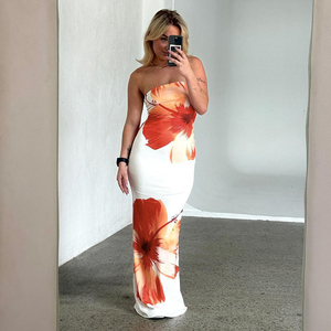 2024 été fleur imprimer sans bretelles vacances plage <span class=keywords><strong>robe</strong></span> femmes Sexy mince <span class=keywords><strong>dos</strong></span> <span class=keywords><strong>nu</strong></span> longue <span class=keywords><strong>robe</strong></span> blanche pas cher en gros logo personnalisé - Product Image 3