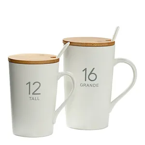Deko J730 — tasse à café en porcelaine avec couvercle en bambou, avec cuillère, Logo personnalisé, 8-16oz, idée cadeau, pour lait, café, en céramique