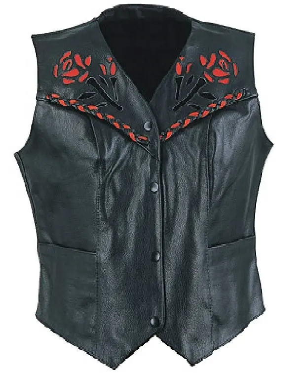 HMB-3261D LEATHER VEST WOMEN ROSE FASHION WAISTCOAT BLACK COLOR MOTORBIKE VESTS BIKER COAT