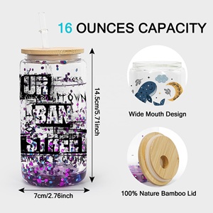 Vasos de cristal de doble pared en forma de lata de cerveza preperforada transparente de 12oz, 16oz, 20oz, Snowglobe, tazas Diy con tapa de bambú y pajita - Product Image 5