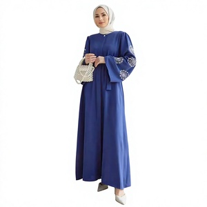 Women Muslim Breathable Polyester Abaya Beaded Floor Length <b>Long</b> Sleeve Modest Islamic <b>Eid</b> Ramadan Daily Wear - Product Image 2