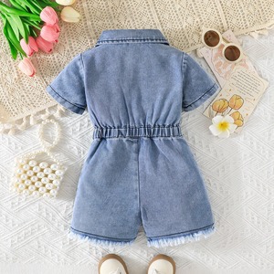 Annshine Fashion 2026 <span class=keywords><strong>Tuta</strong></span> in denim da ragazza a maniche corte con risvolto, vita regolabile e pantaloni cargo decorati con perle e fiori - Product Image 5