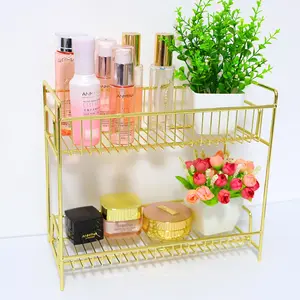 Estante de Metal dorado para cosméticos, 2 niveles, organizador de maquillaje, cesta de almacenamiento