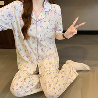 Ensemble de Pyjama Femme Dessin Animé Imprimé Floral Doux Col Rabattu Manches Courtes Pantalon Long, Pyjama Décontracté d'Été pour Femme