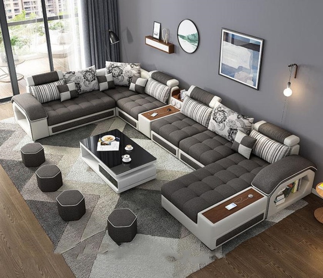 STG Fabric Sofa Wiht Charging USB Bluetooth Speaker Corner Sofa Simple Modern Living Room Cheap L-shaped/U-shaped Sofa Set