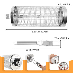 Cesta de asar rodante de acero inoxidable <span class=keywords><strong>con</strong></span> asa, rejilla cilíndrica de malla de alambre para vegetales y carne, para camping y barbacoa al aire libre - Product Image 5