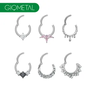Giometal 16G ASTM F136 Implant Mirror High Polish Titanium Gemmed Septum Clicker Nose G23 Piercing Body Jewelry Wholesale