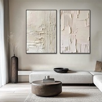 Lot de 2 grandes peintures à l'huile abstraites texturées 3D beige et gris, peintes à la main, style Art Déco, avec cadre noir/doré, pour décoration murale (nature morte)