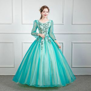 Peacock Blue Ball Gown Evening Dress With Floral Print Chiffon Scoop Neck Empire Waistline For Performances Parties Photo - Product Image 1