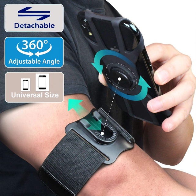 360 Rotating Detachable Universal Running Armband Smartphone Holder Fit for 4-6.5" Screen Gym Workout Sports Arm Band