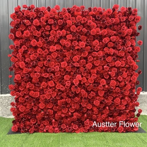 Cheap 3D 5D Roll up Fabric Cloth Floral Backdrop <strong>Panel</strong> 8*8ft <strong>Red</strong> Artificial Silk Rose <strong>Flower</strong> Wall for Wedding Decor