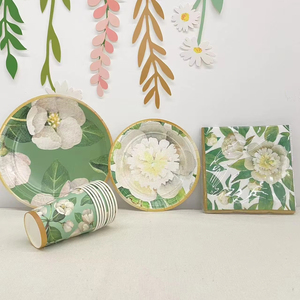 DAMAI Tea Party <b>Tableware</b> Set Green Flower Themed <b>Disposable</b> Plate Paper Cups Napkins for 8 Guests of Spring Party Decorations - Product Image 1