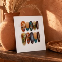 Faux Ongles à Presser 10 Pièces Longs Amande Effet Œil de Chat Ambre Ombré Brillant Faits Main 3D Floral Nail Art Réutilisables pour Femmes