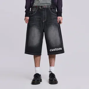 Custom Black Jean streetwear holgado desgastado hombres Denim jeans shorts acid Y2K patchwork negro Custom jorts hombres