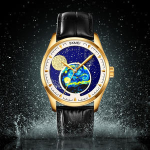 Reloj de Cuarzo para Hombre SKMEI 2115, Estilo Coreano, Esfera con Diseño de Cielo Estrellado, Fase Lunar, Pantalla Analógica, Cristal, Correa de Cuero Genuino de 20 mm - Product Image 1