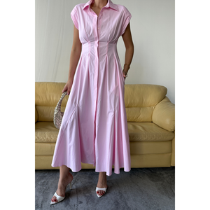 Robe en popeline rose sans manches, rembourrée, boutonnée sur le devant avec détail de plis à la taille, style bureau translucide, ODM XS-XL, longueur ras du sol - Product Image 4