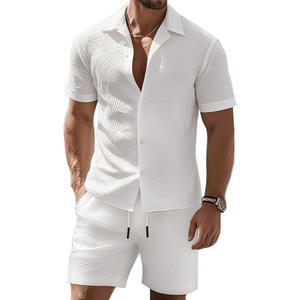 Ensemble chemise et short jacquard vert armée pour homme, tenue décontractée d'été en deux pièces, vêtements de loisirs - Product Image 5