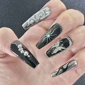 <span class=keywords><strong>Uñas</strong></span> Postizas Personalizadas Negras con Accesorios, Estilo Stiletto, Decoración <span class=keywords><strong>en</strong></span> <span class=keywords><strong>Relieve</strong></span> <span class=keywords><strong>3D</strong></span>, de Lujo para Chicas, para Festivales, Venta al Por Mayor - Product Image 1