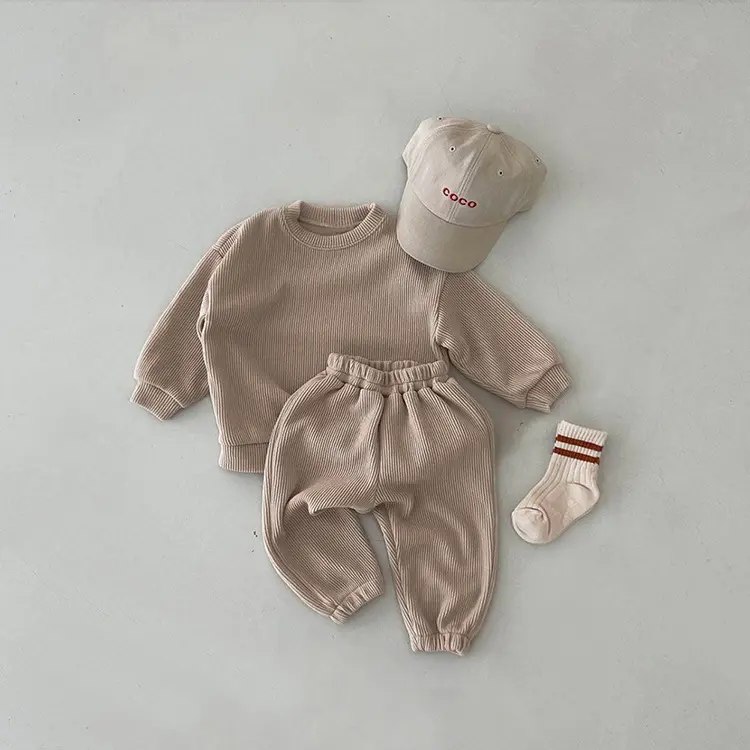 Neonato neonata ragazzo primavera autunno Plaid a coste vestiti solidi set tute a maniche lunghe + pantaloni elastici 2 pezzi abiti per bambini