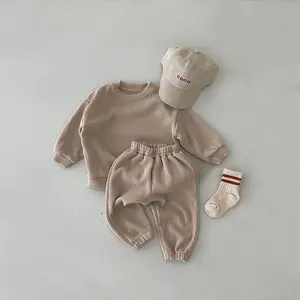 유아 신생아 소녀 소년 봄 가을 골지 격자 무늬 솔리드 옷 세트 긴 소매 바디 수트 + 탄성 바지 2PC 아기 의상