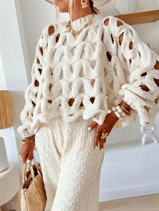 <span class=keywords><strong>Pull</strong></span> en maille à manches longues en dentelle <span class=keywords><strong>crochet</strong></span>ée décontracté de couleur unie pour femmes, idéal pour les vacances à la plage - Product Image 2